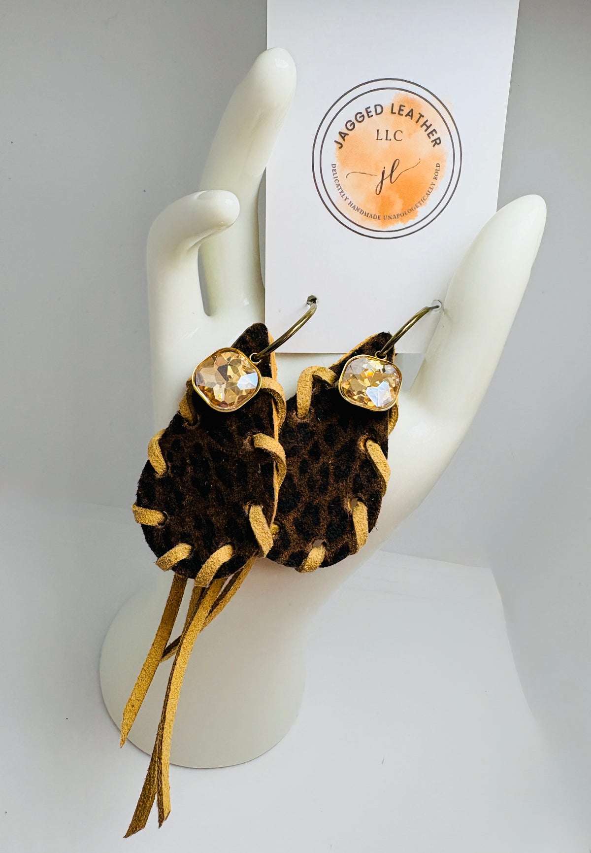Leopard Leather Laced Earrings with Crystal Accent