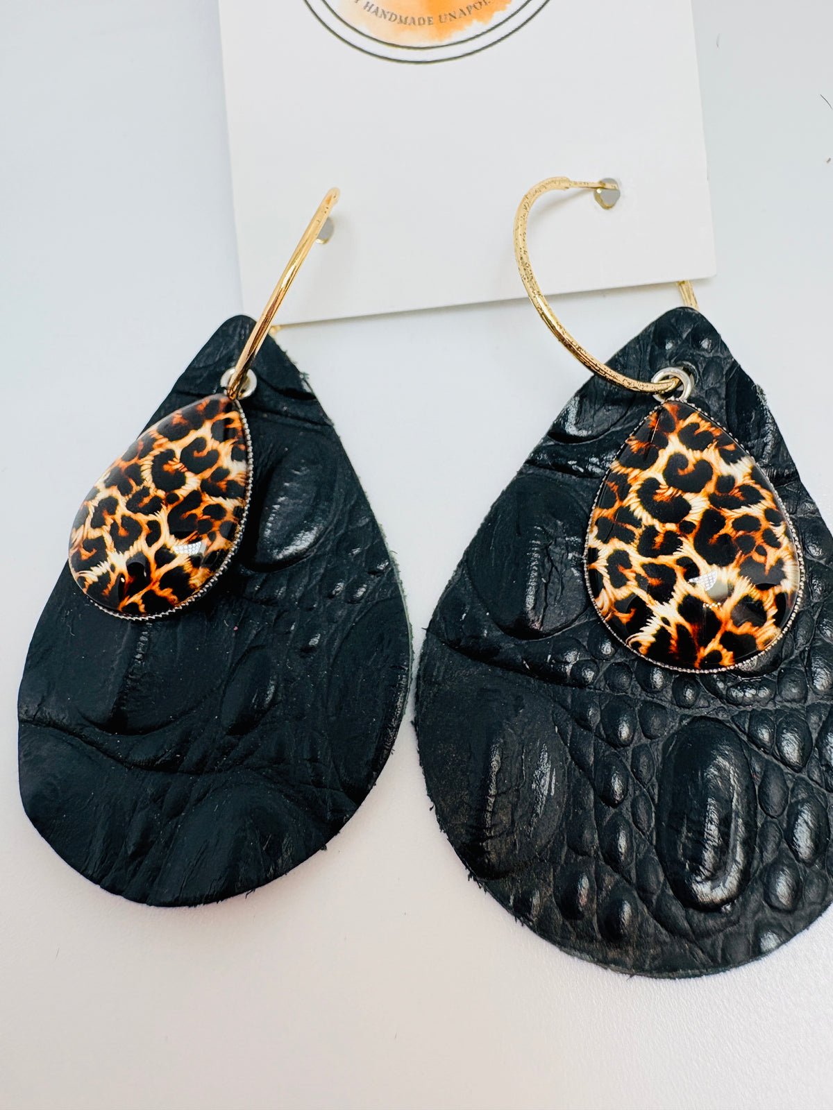 Black Croc Leather Earrings with Leopard Teardrop Charms