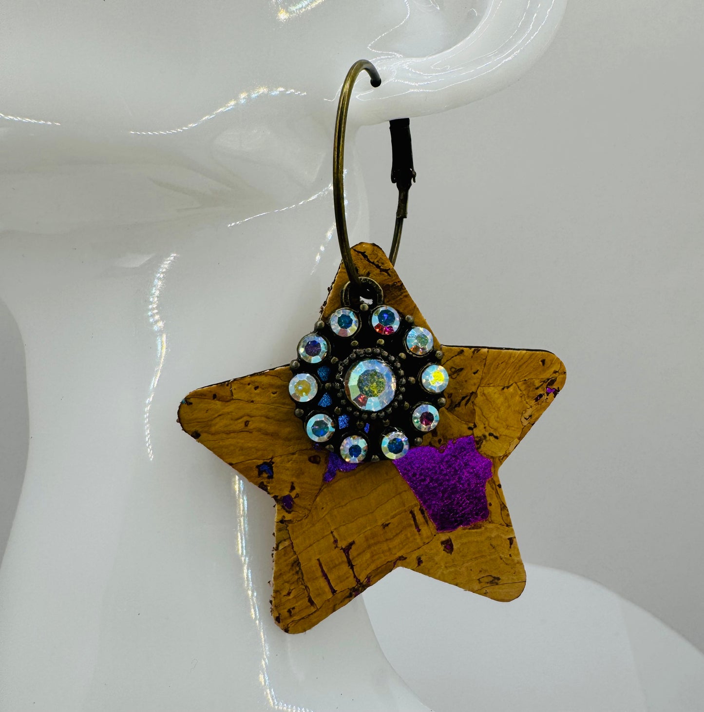 Metallic Pink Corky Star with Rhinestone Earrings by Jagged Leather - view 2