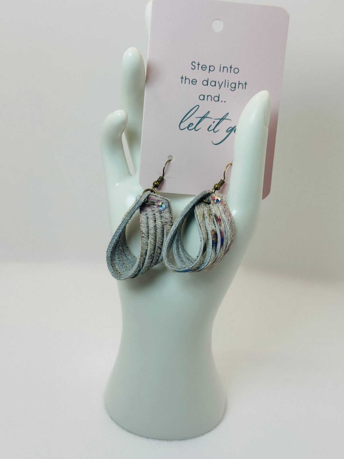 Unique Earrings: Stripe Tease Hair on Hide Rainbow gray - Jagged Leather