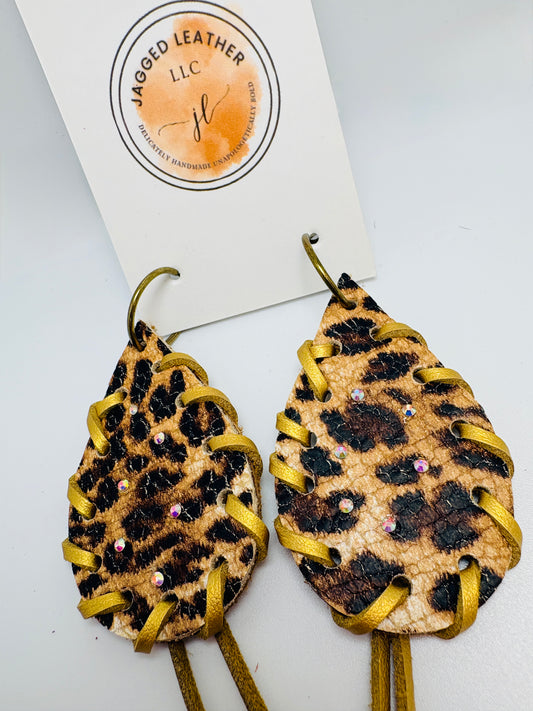 Leopard Leather Rhinestone Earrings with Gold Lacing