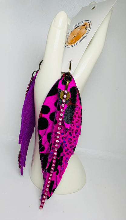 Hot Pink Leopard Layered Feather Earrings