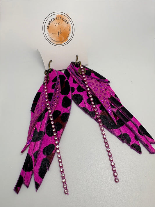 Hot Pink Leopard Layered Feather Earrings