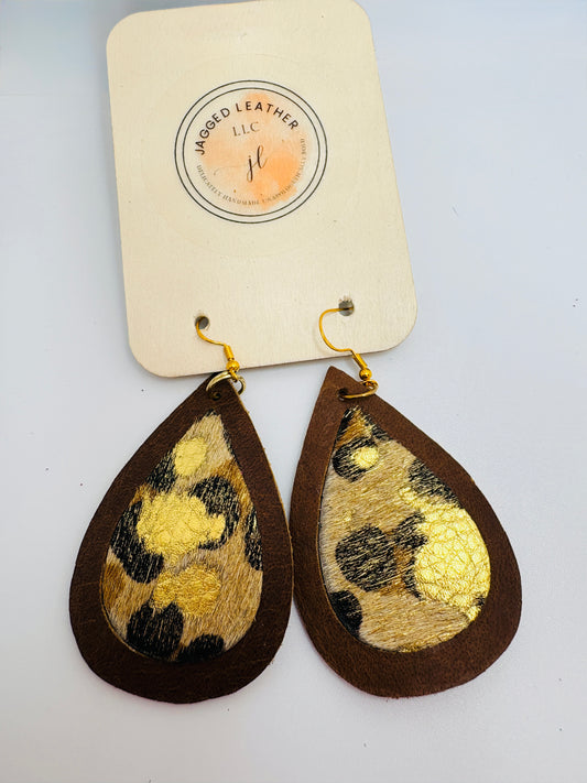 Gold Leopard &amp; Brown Leather Earrings