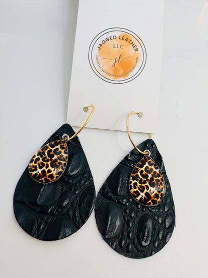 Black Croc Leather Earrings with Leopard Teardrop Charms