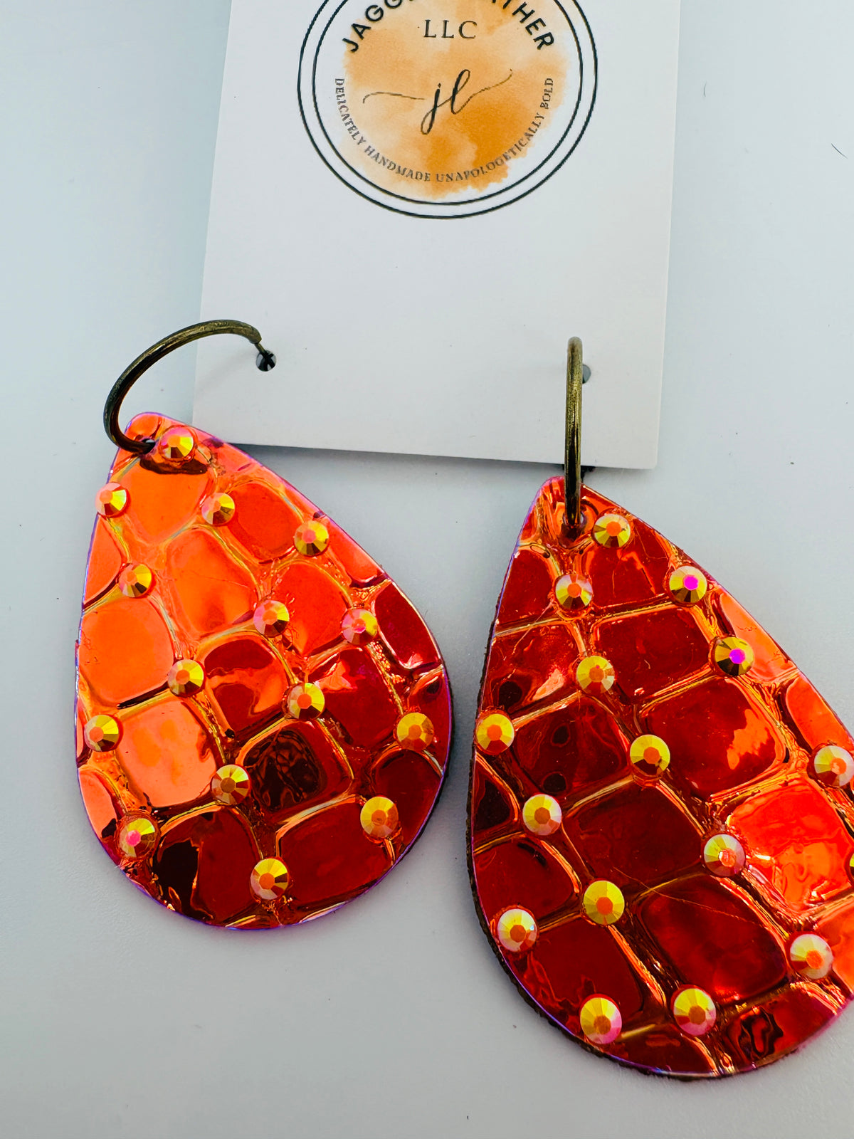 Metallic Orange Croc Earrings with Rhinestones