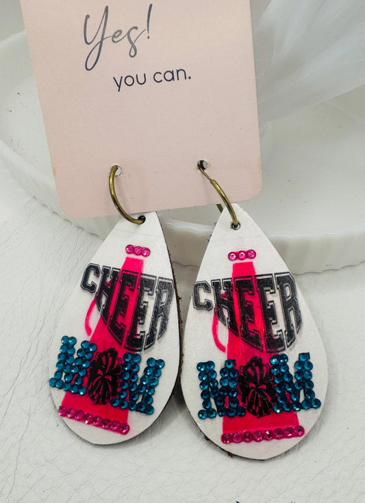 Customized HOT PINK & Turquoise Cheer Mom EARRINGS - Jagged Leather Handmade Jewelry