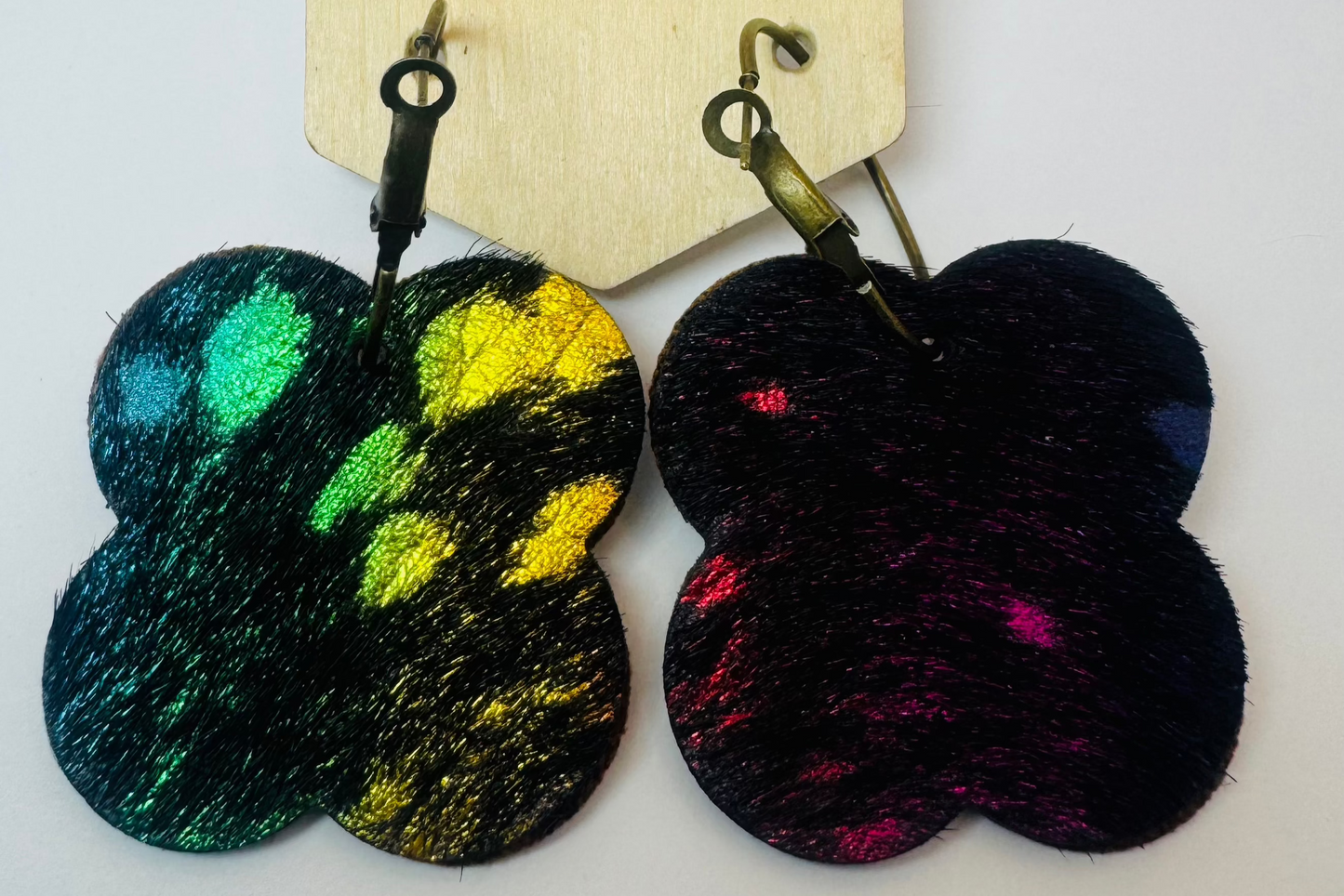 Brown Designer Leather Clover Hide Earrings