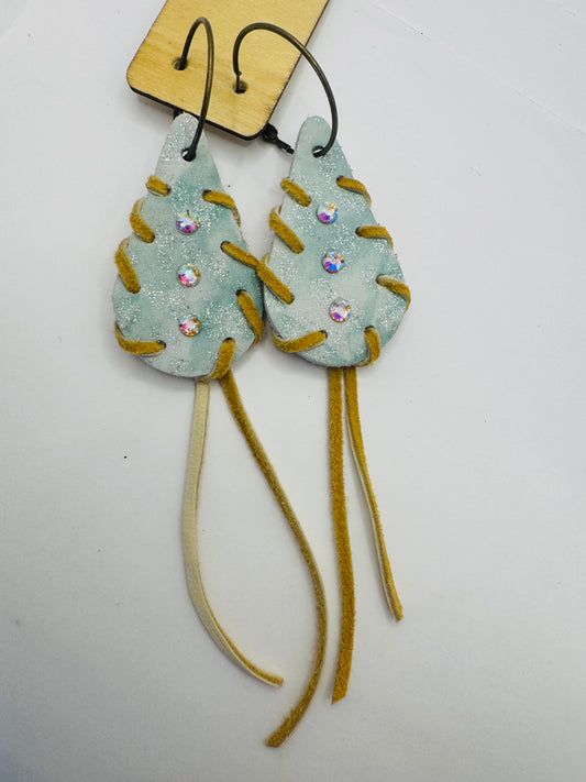 Tan Leather Baby Blue Earrings