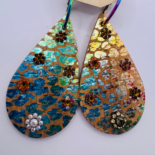 Blue Yellow Metallic flower Earrings