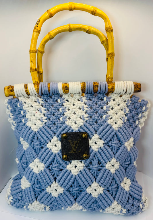White & Periwinkle Hand Knitted Designer Crochet Bag