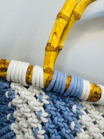 White & Periwinkle Hand Knitted Designer Crochet Bag