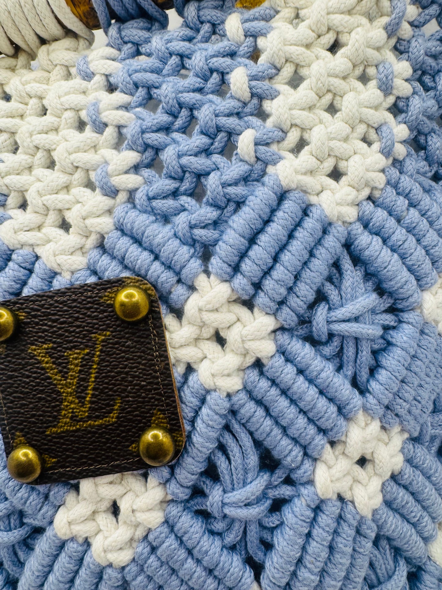 White & Periwinkle Hand Knitted Designer Crochet Bag