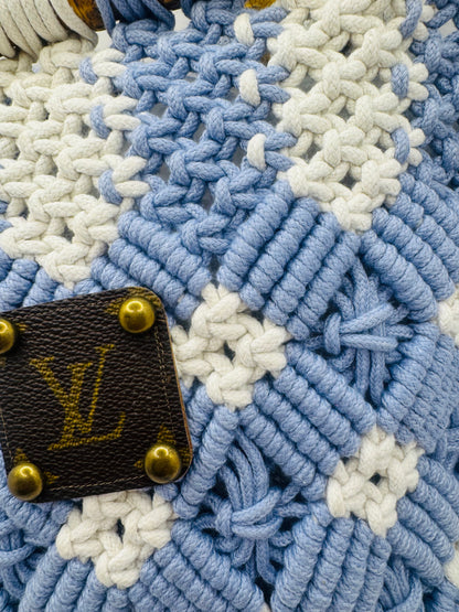 White & Periwinkle Hand Knitted Designer Crochet Bag
