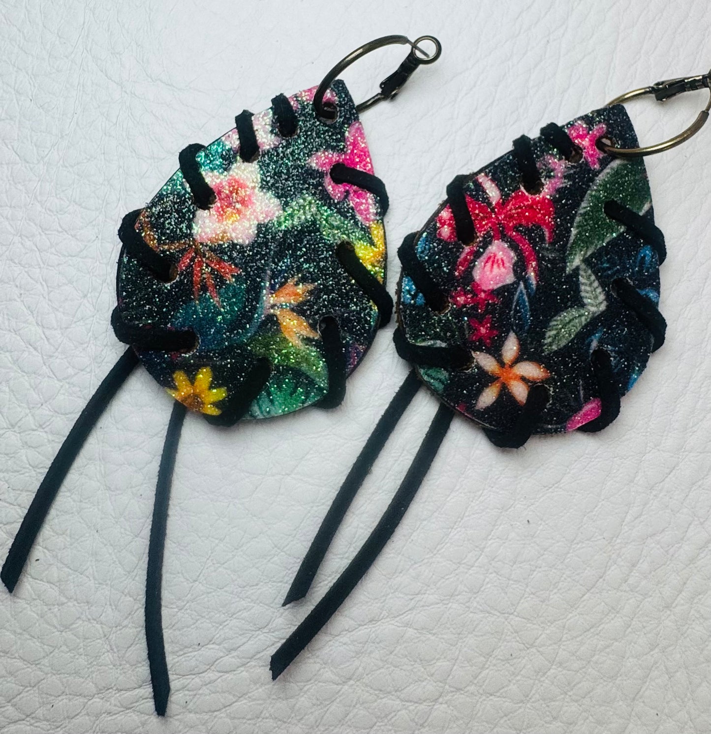 Black Glitter Floral with Black Tassel Earrings