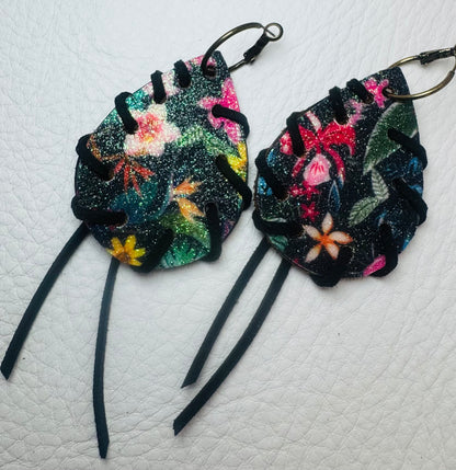 Black Glitter Floral with Black Tassel Earrings