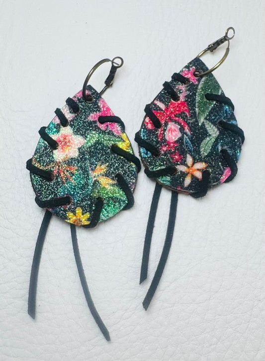 Black Glitter Floral with Black Tassel Earrings