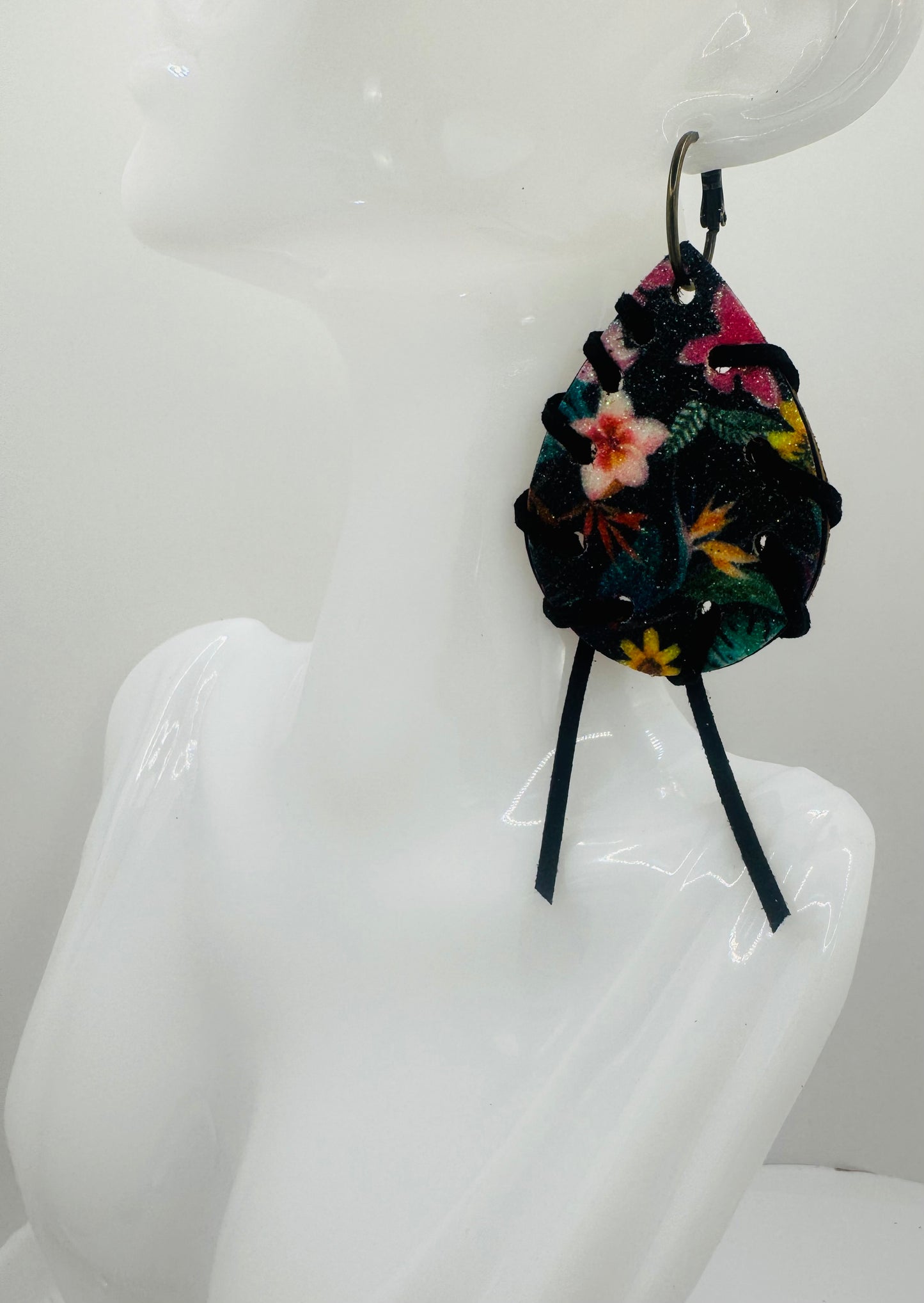 Black Glitter Floral with Black Tassel Earrings