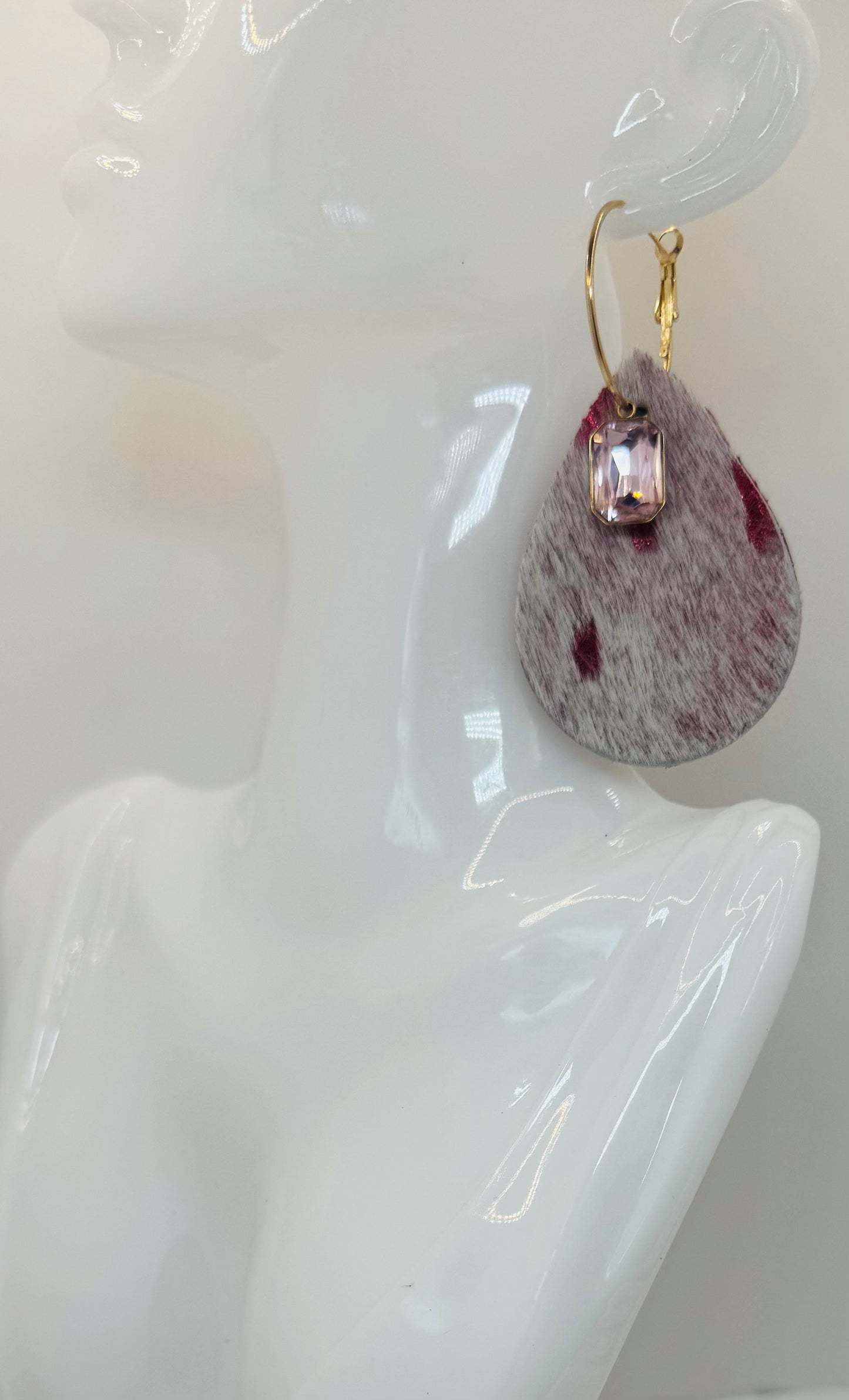 Red and White Leather Hide Earrings