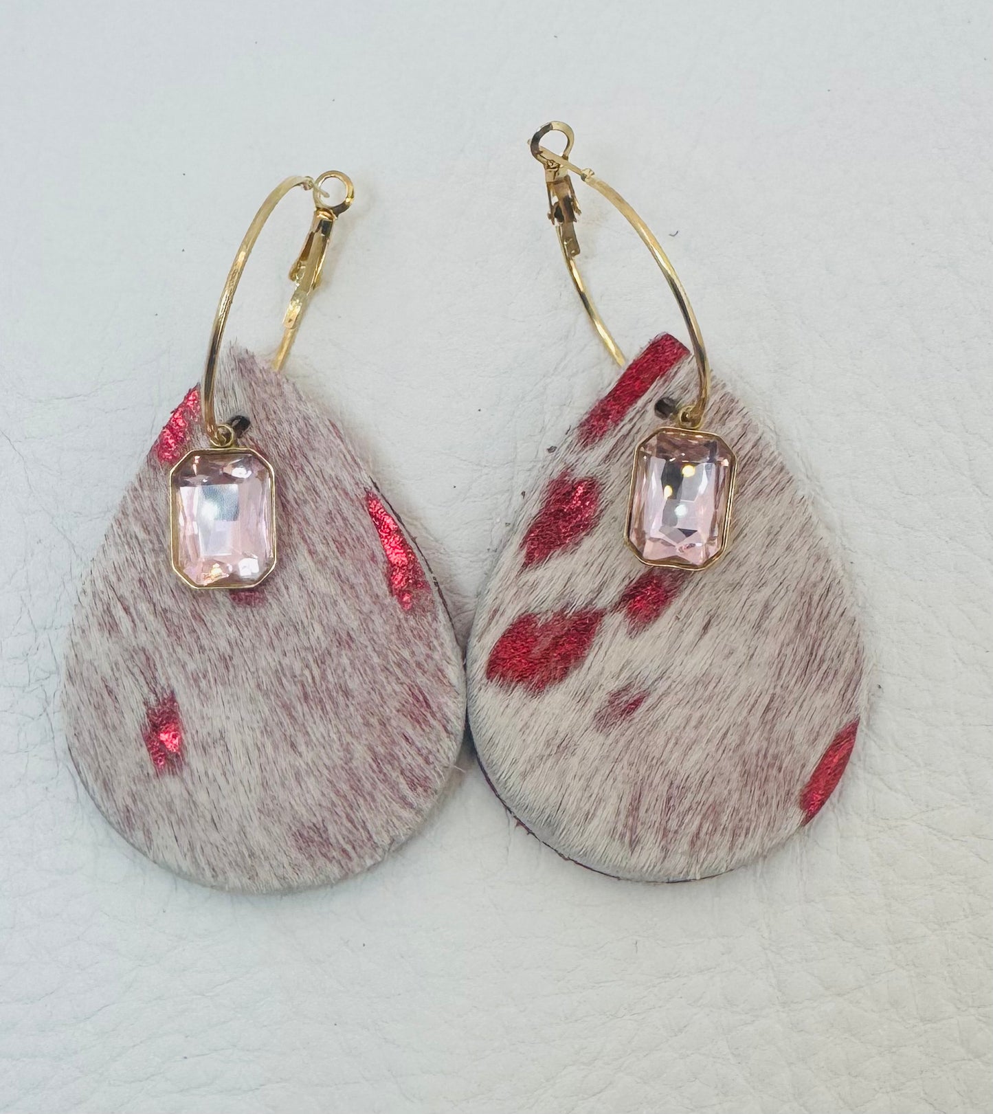Red and White Leather Hide Earrings
