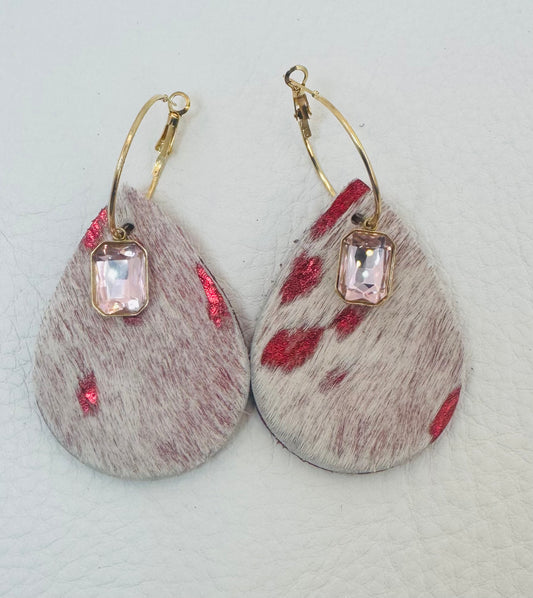 Red and White Leather Hide Earrings