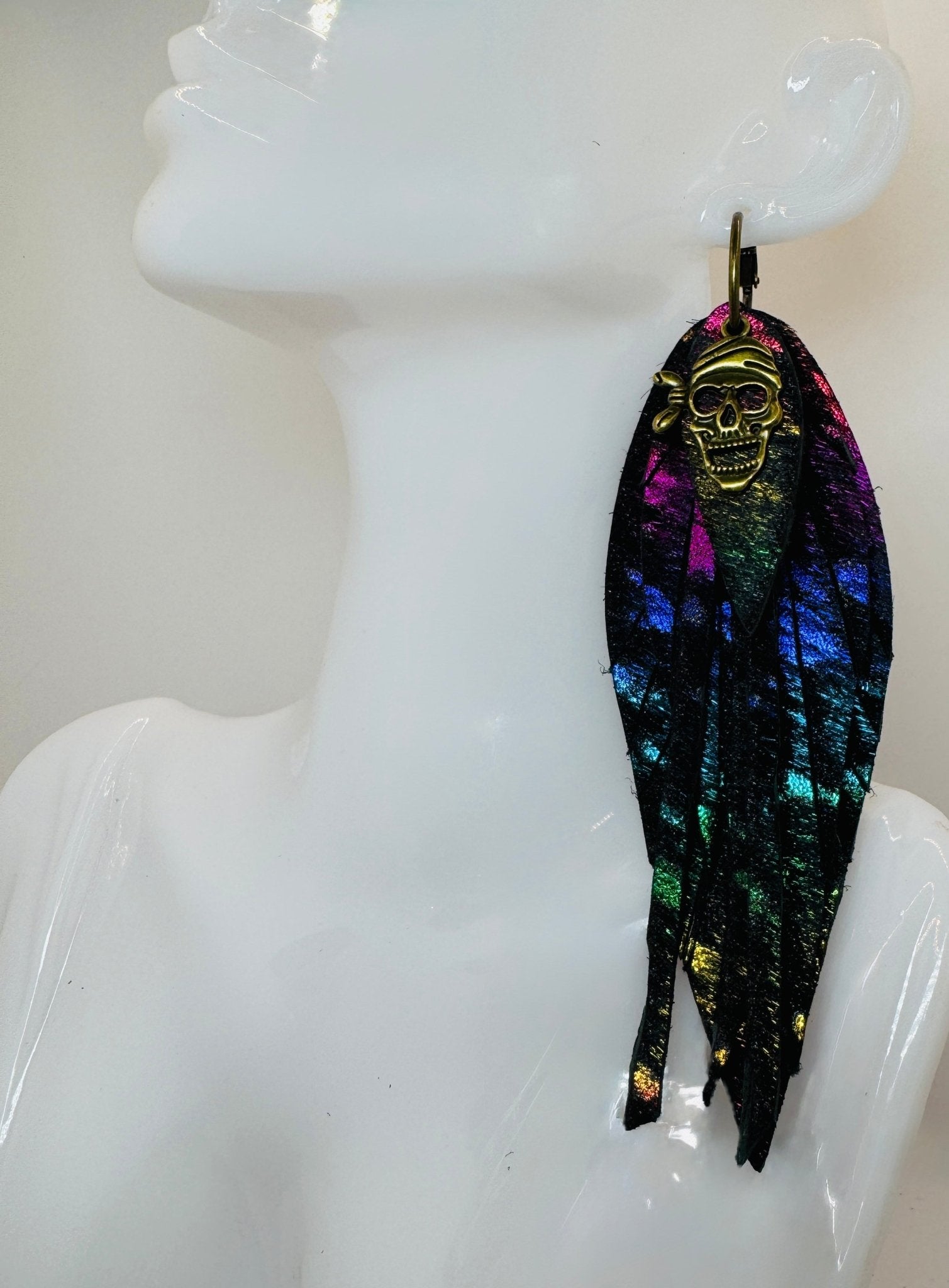 Black Multicolored Hair on Hide Feather Skull Earrings - Jagged Leather Handmade Jewelry