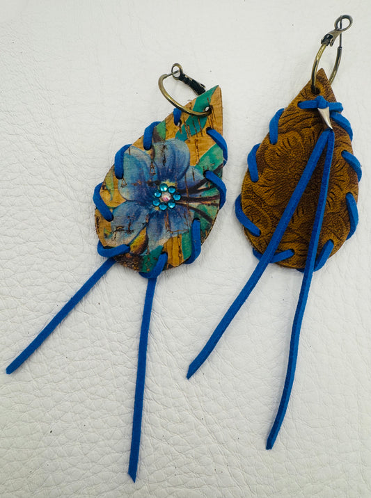 Blue Rhinestone Cork Flower Earrings