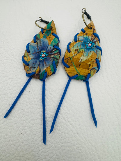 Blue Rhinestone Cork Flower Earrings
