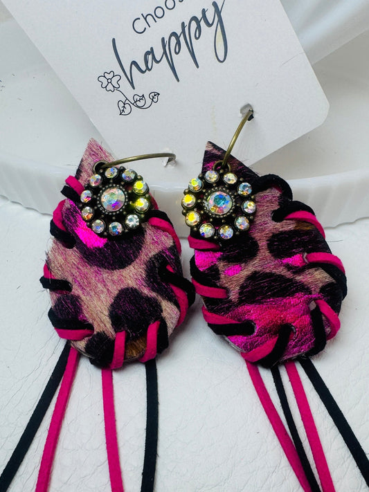 Unique Earrings: Hot Pink Leopard w Tassels - Jagged Leather