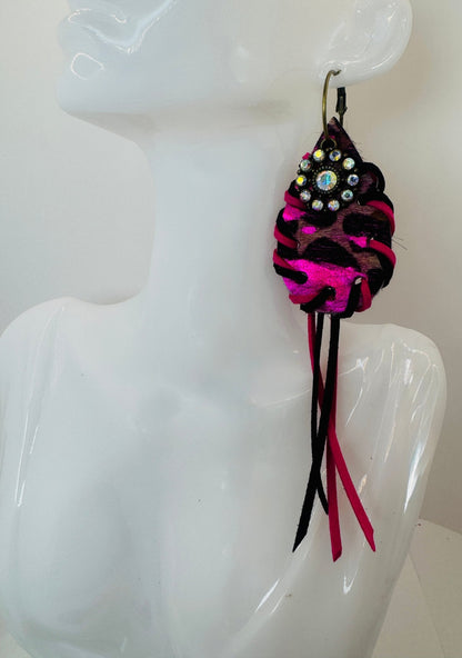 Unique Earrings: Hot Pink Leopard w Tassels - Jagged Leather