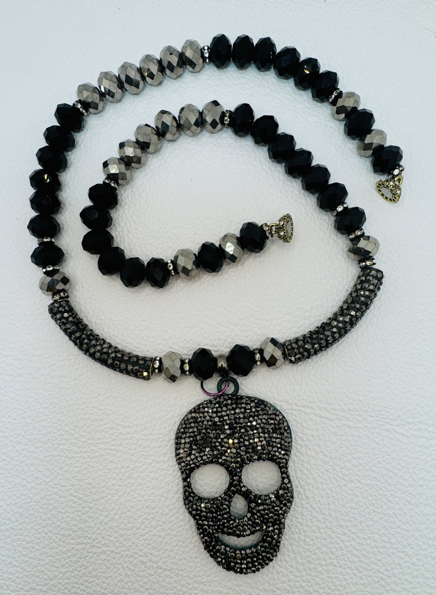 Black & Silver Skeleton Rhinestone Knecklace - Jagged Leather Handmade Jewelry