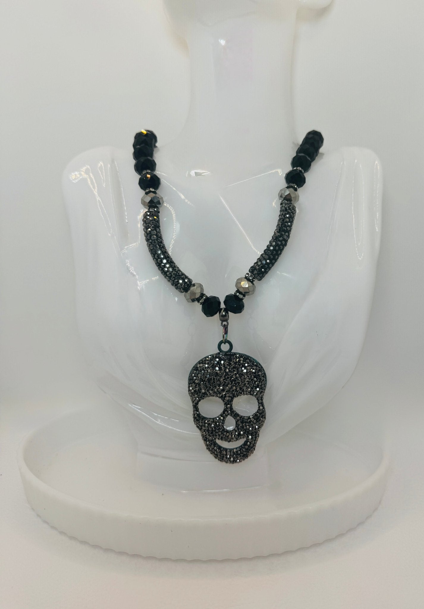 Black & Silver Skeleton Rhinestone Knecklace - Jagged Leather Handmade Jewelry