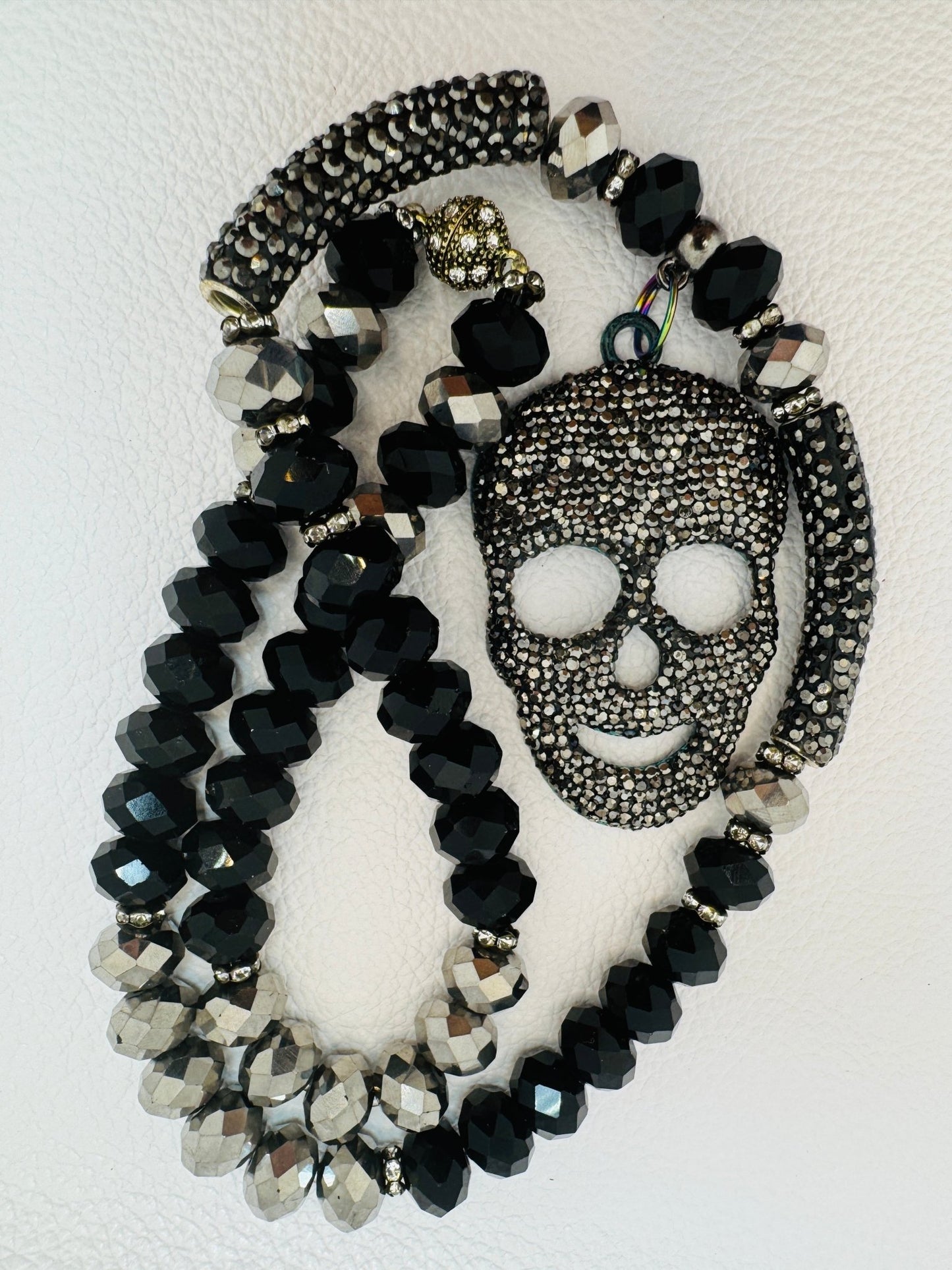 Black & Silver Skeleton Rhinestone Knecklace - Jagged Leather Handmade Jewelry