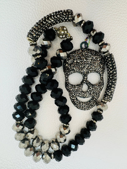 Black & Silver Skeleton Rhinestone Knecklace - Jagged Leather Handmade Jewelry