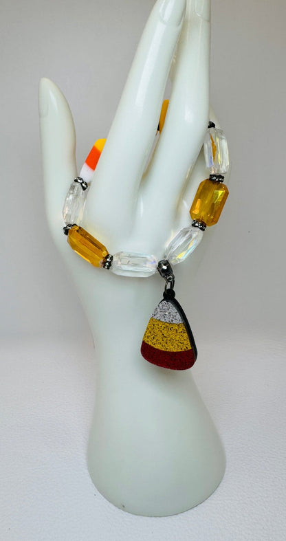 Orange & White Candy Corn Glass Beaded Bracelet - Jagged Leather Handmade Jewelry