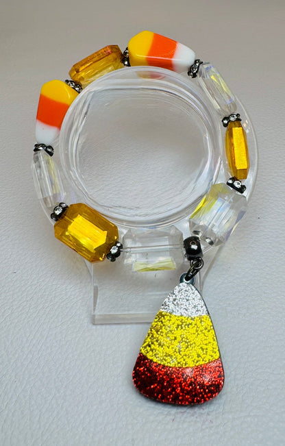 Orange & White Candy Corn Glass Beaded Bracelet - Jagged Leather Handmade Jewelry