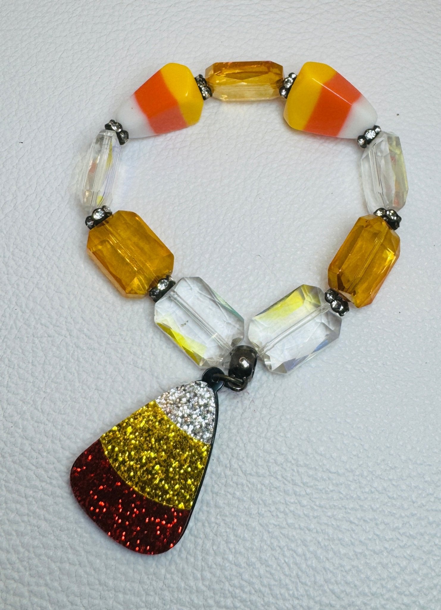 Orange & White Candy Corn Glass Beaded Bracelet - Jagged Leather Handmade Jewelry