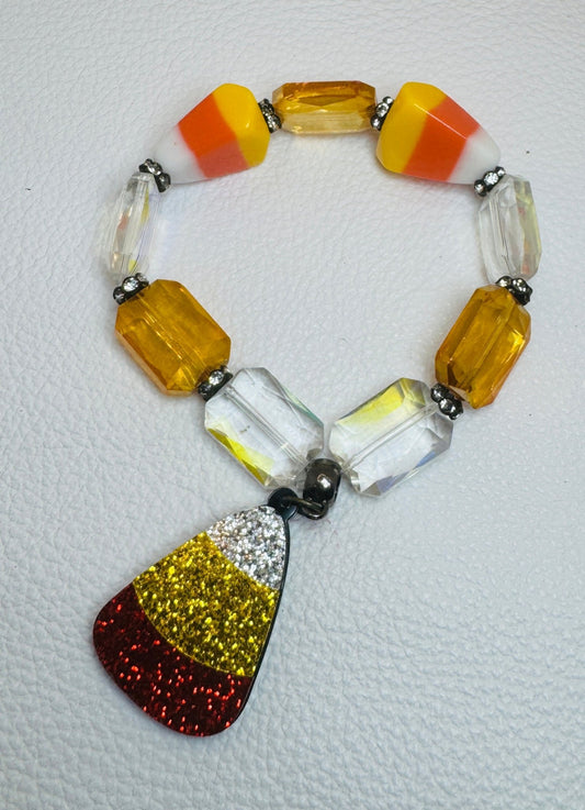 Orange & White Candy Corn Glass Beaded Bracelet - Jagged Leather Handmade Jewelry