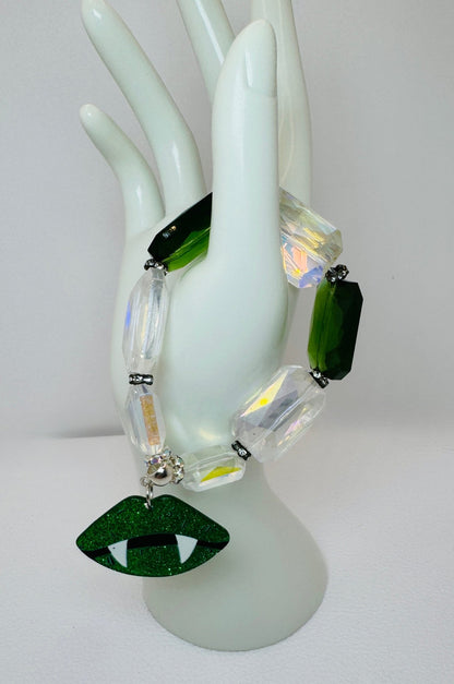Green & Clear AB Vampire Lips Glass Beaded Bracelet - Jagged Leather Handmade Jewelry