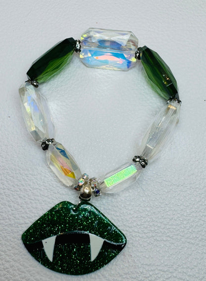 Green & Clear AB Vampire Lips Glass Beaded Bracelet - Jagged Leather Handmade Jewelry