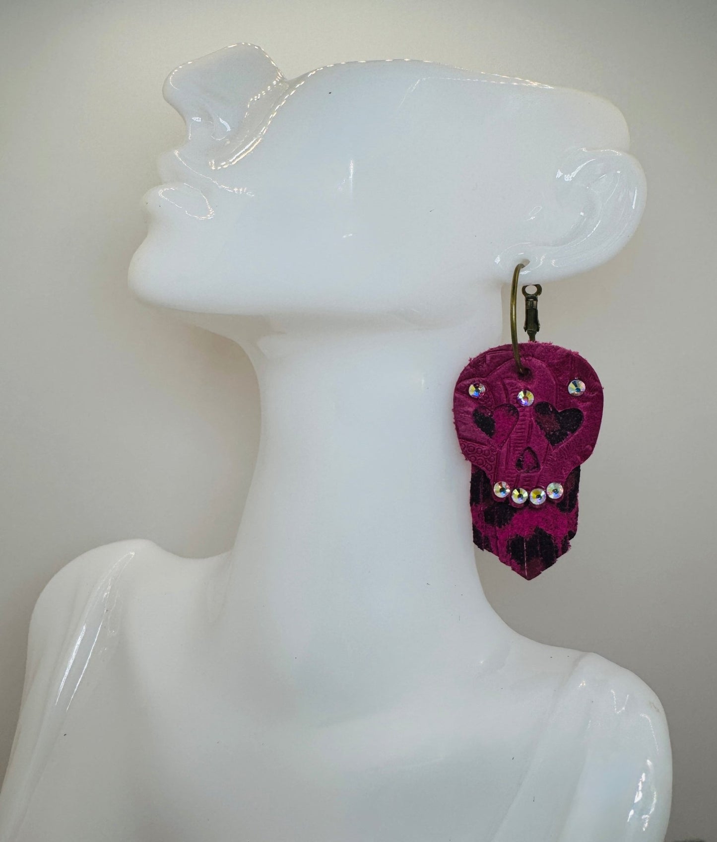 Hot Pink Small Skull Rhinestone Leather Earrings - Jagged Leather Handmade Jewelry