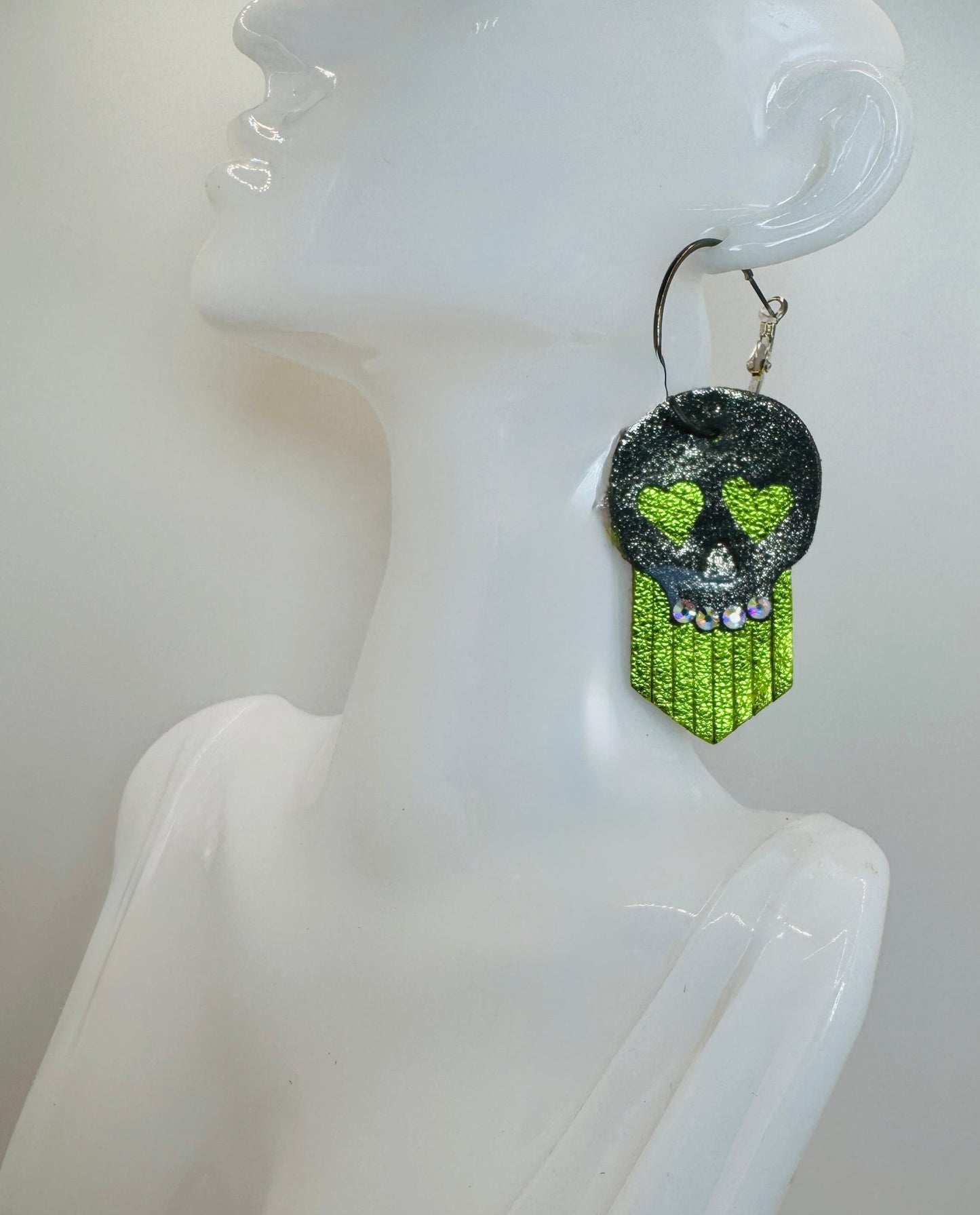 Metallic Green & Camo Skull Earrings - Jagged Leather Handmade Jewelry