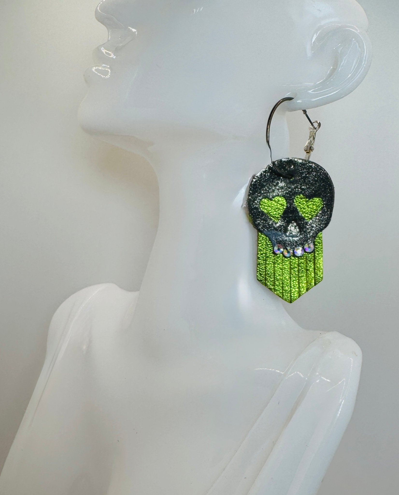 Metallic Green & Camo Skull Earrings - Jagged Leather Handmade Jewelry