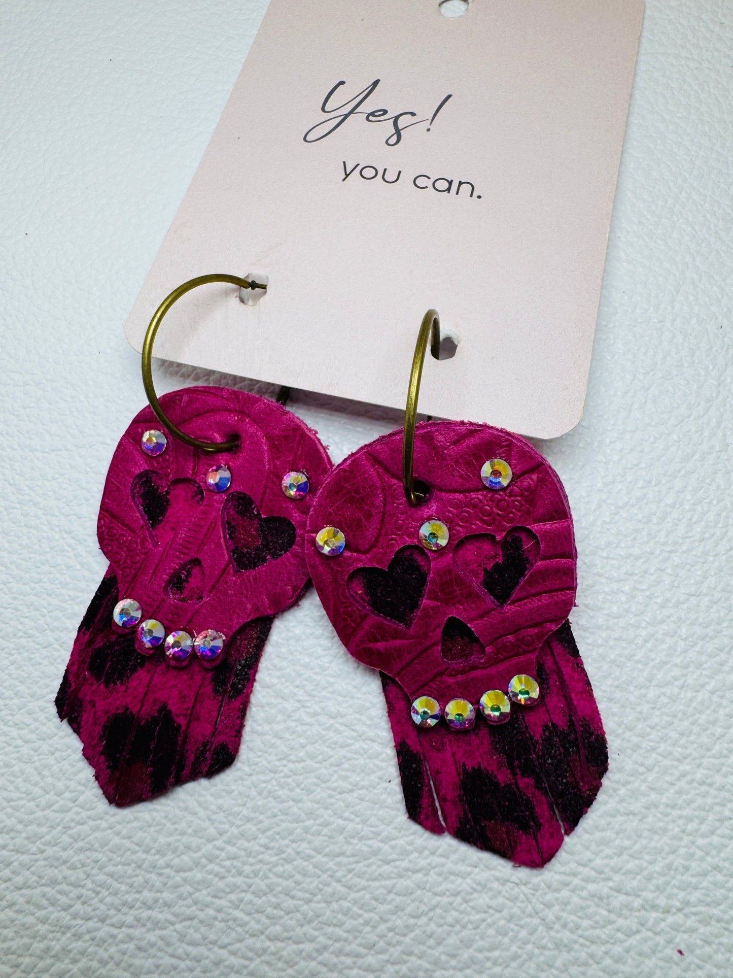 Hot Pink Small Skull Rhinestone Leather Earrings - Jagged Leather Handmade Jewelry