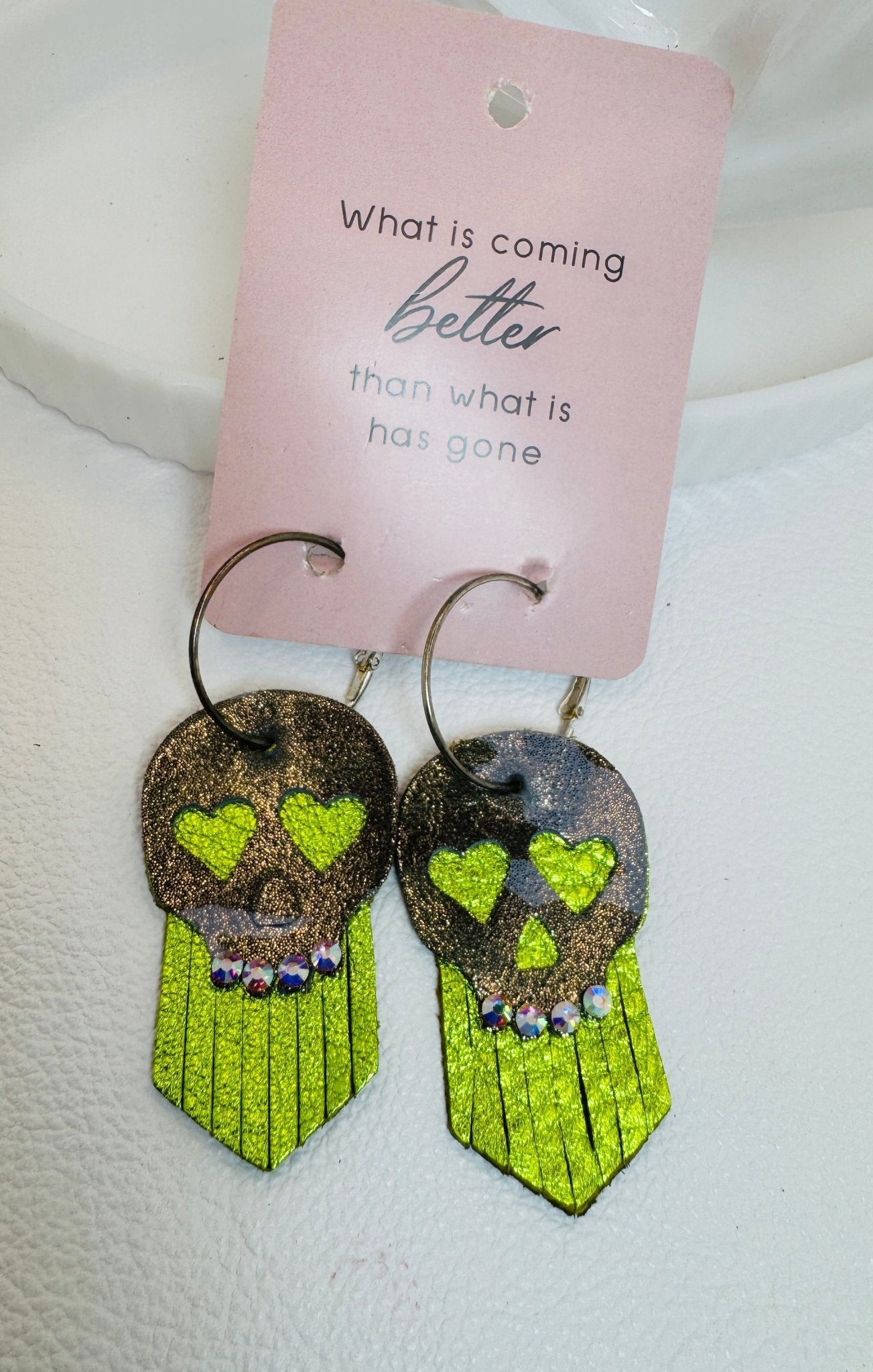 Metallic Green & Camo Skull Earrings - Jagged Leather Handmade Jewelry