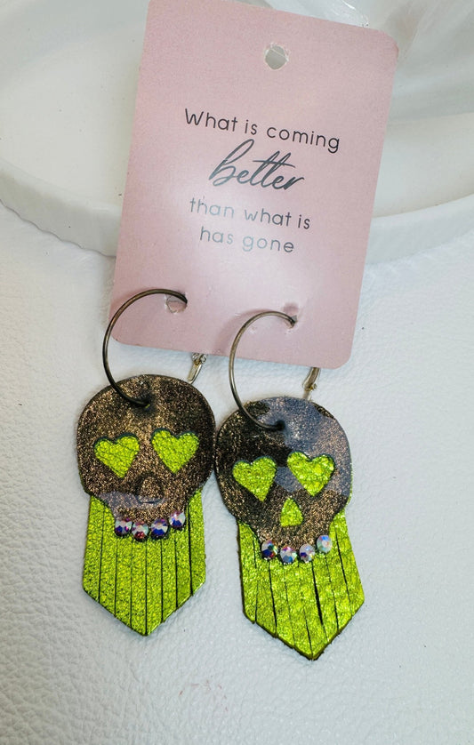 Metallic Green & Camo Skull Earrings - Jagged Leather Handmade Jewelry