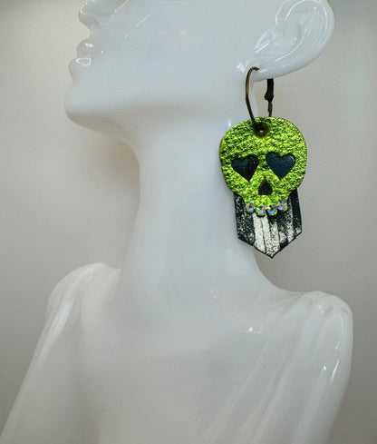 Metallic Green Skull with Camo Earrings - Jagged Leather Handmade Jewelry