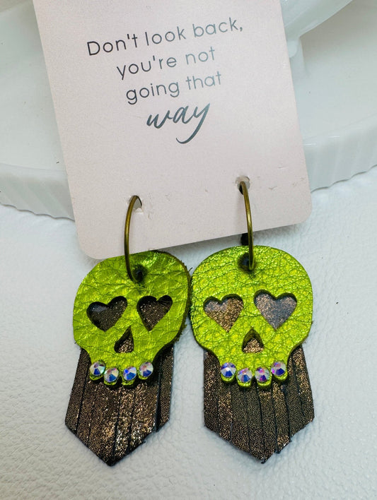 Metallic Green Skull with Camo Earrings - Jagged Leather Handmade Jewelry