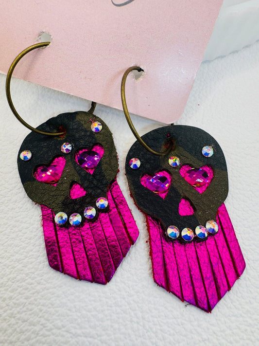 Hot Pink & Camo Skull Earrings - Jagged Leather Handmade Jewelry