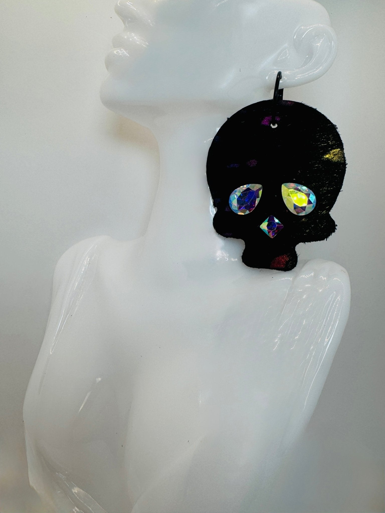 Black Rainbow Hair on Hide Skull Earrings - Jagged Leather Handmade Jewelry